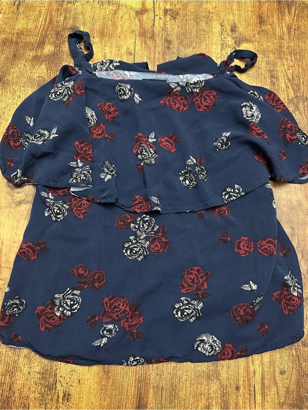 le chateau Navy Floral Cold-Shoulder Cami with Red and White Roses #140